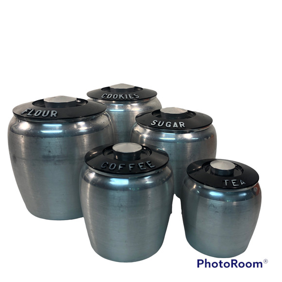 kromex Other - 5 Kromex Aluminum Kitchen Canisters Round Black MCM Vintage Cookies Coffee Tea